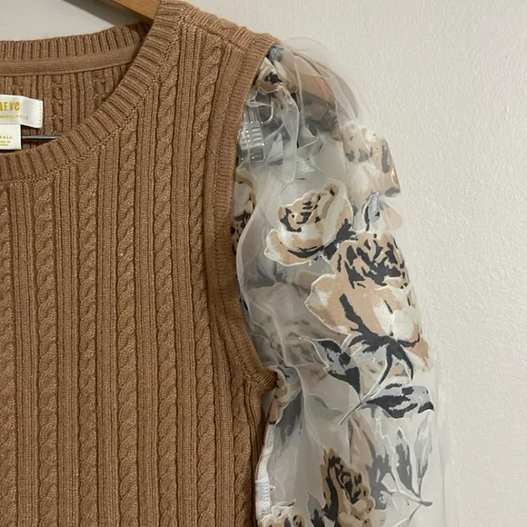 ANTHROPOLOGIE Maeve Contrast Sheer Sleeve Floral Cable Knit Sweater small - Picture 4 of 8